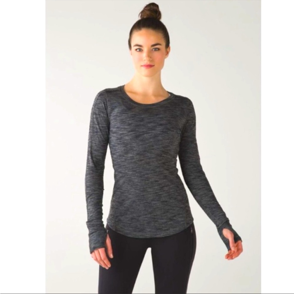 Lululemon 5 Mile Long Sleeve Shirt Ruched V-Back Activewear Top Heathered Black.